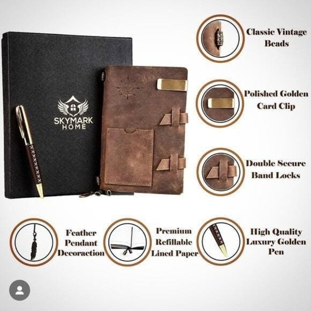 100% Genuine Leather Notebook Journal Gift Set Fountain Pen Brown 5x7in Gift Box - Picture 4 of 12